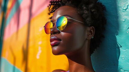 A woman stands on a bright and colorful background in stylish sunglasses