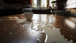 Cup of milk spilled on the kitchen table