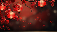 Happy Chinese New Year 2024. Sakura Branches Of Blossoming Against With A Chinese Lanterns Of Blurred Background. Religion And Culture Of Chinese Festival Celebration Traditional . Generative AI