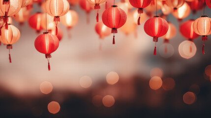 Wall Mural - Happy chinese new year 2024. Chinese lanterns hanging against with blurred lighting background. Religion and culture of Chinese festival celebration traditional. For ads, social media. Generative AI