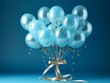 Foto ramo 12 globos azules flotando sobre fondo oscuro, confeti  y lazo dorado, amor, 25 aniversario, celebración, popurrí, invitaciones decoraciones emotivas, presentación bautizo bodas de plata