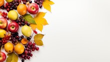 Autumn Leaves And Autumn Fruits On Transparent White Background. Space For Text