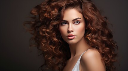  A woman who has brown hair and a hairstyle that is elegant, voluminous, and frizzy.