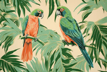 Colorful Parrot In Tropical Jungle: A Seamless Illustration Of Exotic Bird On Green Leaves.