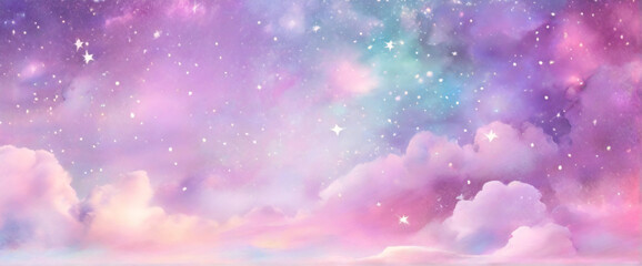 Rainbow unicorn background. Pastel glitter pink fantasy galaxy. Magic mermaid sky with bokeh. Holographic kawaii abstract space with stars and sparkles. Vector