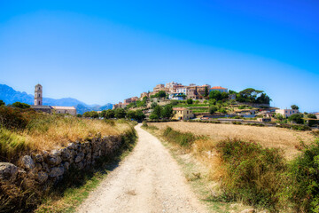 Wall Mural - The Old Road Leading to the Beautiful Medieval Village of Sant’Antonio on a Hilltop in the Balagne Region on Corsica, France