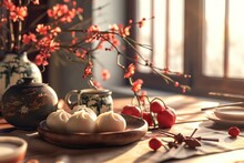 Chinese New Year Scene, Daytime, Chinese Dumplings, Wooden Tabletop, Red Persimmons, Spring Scrolls, Close-up, Round And Lovely