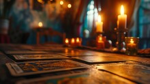 Tarot Cards On Table With Candles, Fortune Teller, Close-up, Concept Of Divination, Future, Prediction