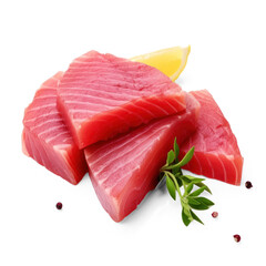 Collage with raw tuna steaks on isolate transparency background, PNG