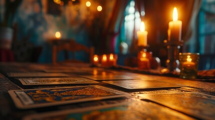 tarot cards on table with candles, fortune teller, Close-up, Concept of divination, future, prediction