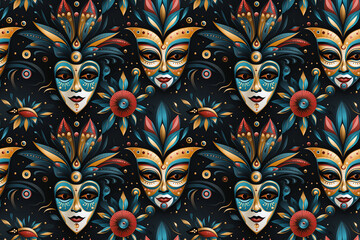 Wall Mural - festive seamless pattern with colorful carnival masks for holiday on black background