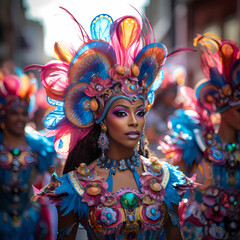 Sticker - A vibrant street parade with elaborate costumes.