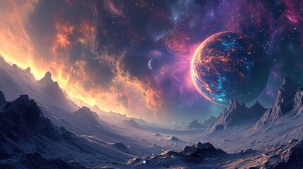 Futuristic galaxy background. Wallpaper planet and stars