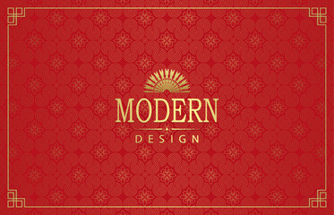 Canvas Print - Red background, golden wavy ornament with silhouettes of flowers.