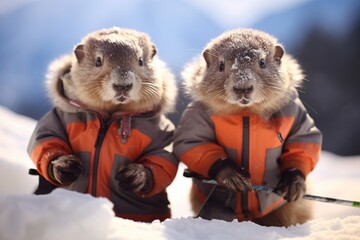 Young groundhogs skiing in the snow.