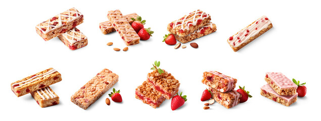 Collection of Strawberry oat and nut bar isolated on transparent or white background, png
