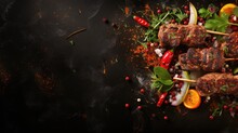 Kebab With Flying Ingredients And Spices Hot Ready To Serve And Eat. Food Commercial Advertisement. Menu Banner With Copy Space Area. Grill Food