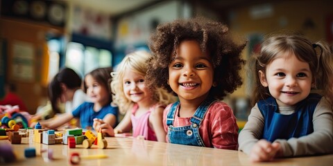 adorable children in a diverse kindergarten class, learning and playing with colorful blocks.
