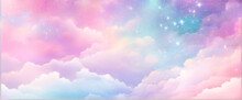 Rainbow Unicorn Pastel Background With Glitter Stars. Pink Fantasy Sky. Holographic Space With Bokeh. Fairy Iridescent Gradient Backdrop. Vector