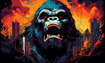 Wall Mural - Gorilla on the streets of metropolis in psychedelic vector pop art style