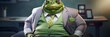 Obese doctor frog or toad wearing a smart suite. Slippery businessman. Fat mean and corrupt corporate concept.