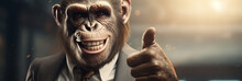 Chimp Monkey Businessman Giving Thumbs Up. In A Stylish Classic Suit In The Office, Animal Boss In Human Body, Entrepreneur