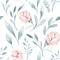 Wall Mural - Floral seamless pattern with blossom flowers and green branches, watercolor illustration on white background, print for textile or wallpapers in provence style