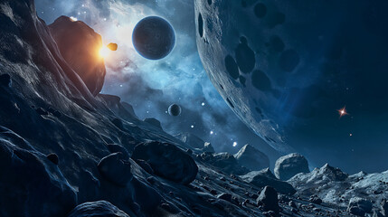 Wall Mural - cosmic landscape with asteroid surface and planets and stars, space background illustration