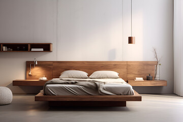 Wall Mural - Bedroom interior minimalist modern wooden platform bed boho scandinavian style