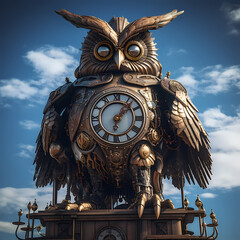 Sticker - Giant mechanical owl perched on a clock tower.