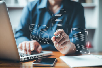 businesswoman using digital device signs electronic documents online. paperless workplace idea, e-si