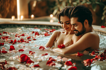 Wall Mural - couple in the pool with rose petals in water