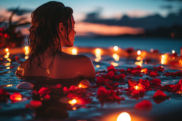 Wall Mural - romantic woman sitting in the pool at sunset. Candle rose petals swimming around.