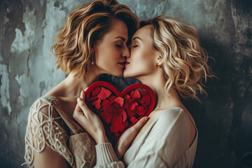 Wall Mural - two women with red heart kissing. valentine's day card or campaign.