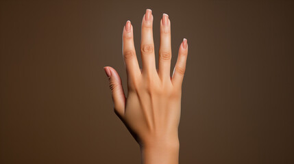 Hand with manicure isolated on brown background, Close up of african american woman hand, Female black hand showing empty hand, copy space