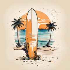 a minimalist design of a surfboard on the beach A beautiful surfoard on the island with palm trees in the sunset.