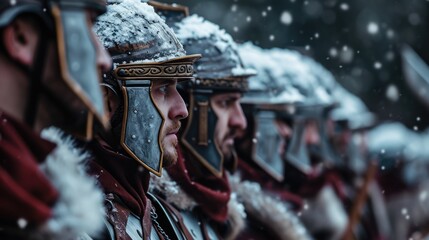 Photorealistic portrait of roman soldiers in armor under the snow. Biblical character. Historical character.