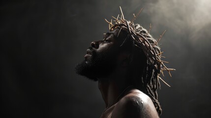 Canvas Print - Portrait of black Jesus Christ with crown of thorns on his head. Photorealistic portrait. Close-up.