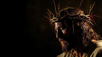 Wall Mural - Jesus Christ with crown of thorns on his head, dark background.  Photorealistic portrait. Close-up.