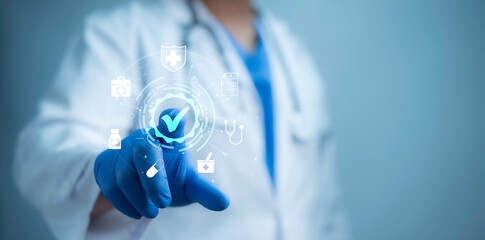 Wall Mural - a medical worker touch virtual screen of certification of standard quality control, guarantee of war
