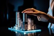 © Gustavo Muñoz - Woman touching virtual buildings model in a meeting, in the style of blish neon, black and azure tones. Real estate concept