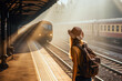 Rear view of a young woman with backpack standing on a train station platform on a coming train. Travel concept of vacation and holiday.