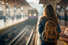 Rear View Of A Young Woman With Backpack Standing On A Train Station Platform On A Coming Train. Travel Concept Of Vacation And Holiday.