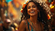 Porträt einer glücklichen afroamerikanischen Frau, die auf einem Musikfestival tanzt.