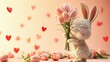 © Natalia S. - Little cute rabbit holding a bouquet of tulips in his paws, declaration of love for Valentine's Day
