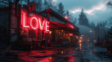 Large Neon Sign With The Word LOVE On An Old Building. Glowing Symbol Of Love. Lights Of Romance