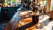  Morning light shines on a French press full of rich coffee on a home kitchen counter.
