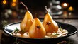  a black plate topped with three pears covered in caramel sauce and garnished with star anisette.