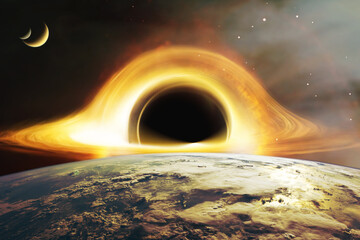 Wall Mural - huge black hole warps space around near to the earth planet. realistic science fiction art. elements