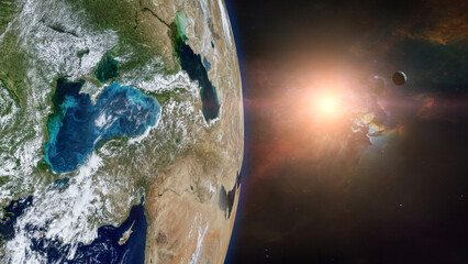 Wall Mural - view of earth planet in outer space with sunlight. elements of this image furnished by nasa.